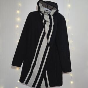 VINCE CAMUTO Wool Blend Striped Asymmetrical Hooded Long Coat Small Black Gray
